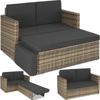 tectake® Rattan Lounge, 2-Sitzer, UV-beständig, Hocker mit klappbarer Stütze