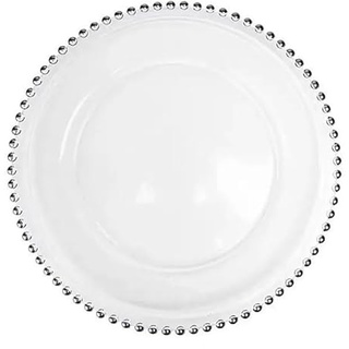 XL Teller aus transparentem Glas 33 cm mit Silberrand (1), 1x Glasteller mit Perlen Extra Groß, Platzteller Dekoteller Servierteller für Hochzeiten, Taufen, Geburtstage, Weihnachten & Partys, Mehrweg