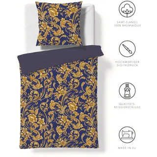 Wendebettwäsche FLEURESSE "Valencia", blau, B/L: 155cm x 220cm, 1 Stk., 1 Stk., Flanell, B/L: 80cm x 80cm, 2 Stk., Flanell, Obermaterial: 100% Baumwolle, Bettwäsche, Wendebettwäsche, kuschelweicher Flanell mit Samt-Finish