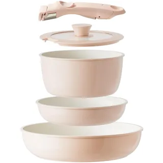 Redchef 5‐teilig Keramik Topfset & Pfannenset mit abnehmbaren Griffen, Rosa | 5‐teiliges Kochgeschirr‐Set, Induktion‐geeignet, abnehmbare Griffe, stapelbar, PFOA‐PTFE‐PFAS‐frei für Camping