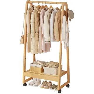 DODOBD Kleiderständer auf Rollen,Garderobenständer,Offener Kleiderschrank Holz,Kleiderstange Holz mit Ablage,Bambus,Multifunktional,Freistehender,Stabil,für Flur,Wohnzimmer Und Büro