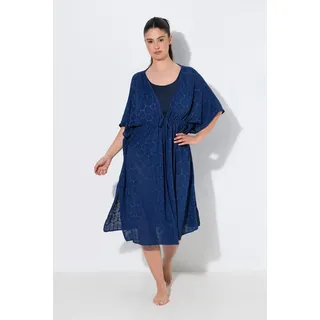 Ulla Popken Strandkleid Kaftan Muscheln V-Ausschnitt Satinband blau 50-56