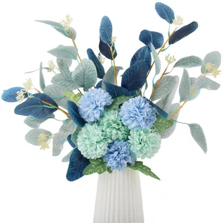 SJUNJIE Hortensien Kunstblumen Künstliche Hortensien Wie Echt Künstliche Eukalyptus Blau Kunstblumen HortensienEukalyptus Deko für Zuhause Hochzeiten Blumenarrangement Tischdeko