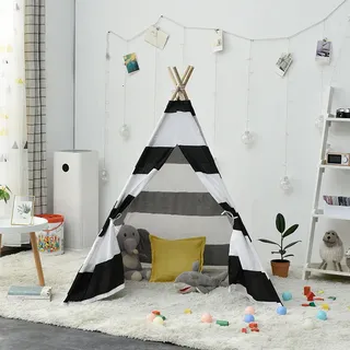 Faltbares Tipi-zelt Für Kinder – Spielzelt Für Mädchen Und Jungen – Weißes Segeltuch – Spielzeug Für Drinnen Und Draußen – Schwarz, 1,3 M
