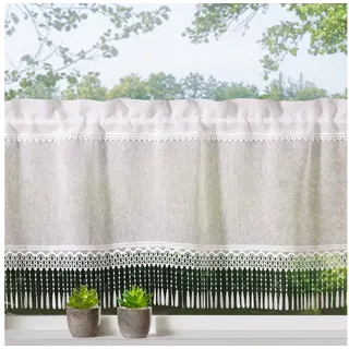 heimtexland Scheibengardine Landhaus Gardine Leinen Optik natur Kurzstore (1 St), Stangendurchzug, halbtransparent, Polyester, Bistrogardine 45x120 cm I Tunnelzug I Fransen Makramee-Borte beige