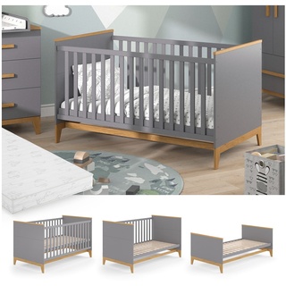 VitaliSpa Kinderbett Babybett Juniorbett Malia Grau Eiche Matratze modern 70x140 cm Kinderzimmer Bett Babyzimmerbett Kindermöbel Babymöbel Schlupfsprossen Lattenrost Rausfallschutz Einzelbett