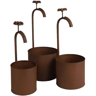 Spetebo Metall Blumentopf 3er Set Eimer mit Wasserhahn - 17/14 / 12 cm - Vintage Übertopf Rost Optik mit Deko Wasserhahn - Garten Dekoration Pflanztopf Retro klein