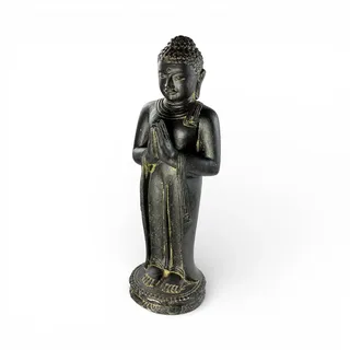 FaHome Buddha Figur stehend betend – Garten Terrasse Eingangsbereich Deko – Wetterfest – Stein Statue Namaste schwarz Gold – 50x18x16 cm