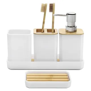 Badezimmer-Zubehör-Set 5-teilig Weiß Bambus PS Seifenspender Zahnbürstenhalter Zahnputzbecher Seifenschale Schminktisch-Tablett