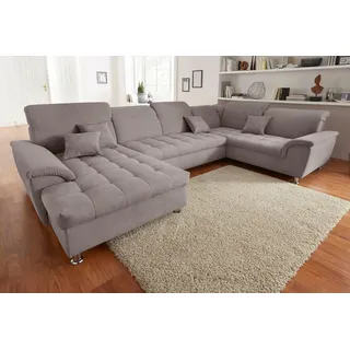 Wohnlandschaft DOMO COLLECTION "FRANZI optional mit Bettfunktion, Bettkasten & Kopfteilverstellung", grau (taupe), B:352cm H:81cm T:206cm, Flachgewebe (100% Polyester);Chenille (100% Polyester), Sofas, Wohnlandschaft, U-Form, Recamiere links, taupe, B/T: 352/206 cm, Topseller