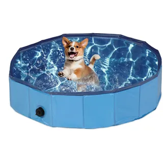 Relaxdays Hundepool, faltbar, mit Ablassventil, Hundeplanschbecken zur Abkühlung, PVC & MDF, Größenauswahl, blau