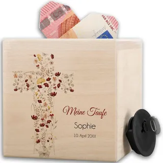 Shirtracer Spardose Holz personalisiert Taufe Blumenkreuz | Holz, 10x10cm, Patenkind, Taufgeschenke, Täufling, Taschengeld, Geldgeschenk, Wunscherfüller, Deko