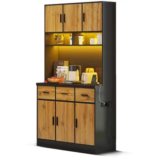 Flieks Küchenbuffet mit LED-Beleuchtung und Steckdosen (1-St., 100x40x180cm) Hochschrank Küchenschrank Geschirrschrank mit verstellbare Ablagen beige