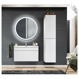 Lomadox Badmöbel Set in weiß matt, Waschtischunterschrank mit Keramik Waschbecken, LED Spiegel und Hochschrank, b/h/t: ca. 135/200/46 cm