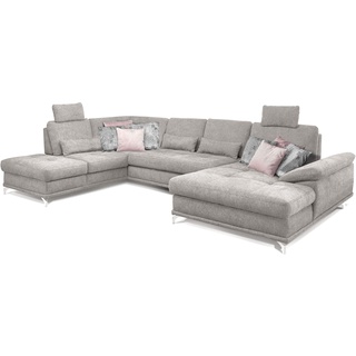 Cavadore Wohnlandschaft Castiel mit Federkern / Großes U-Form-Sofa mit Schlaffunktion, Sitztiefenverstellung und Kopfstützen / 368 x 114 x 232 / Webstoff, Hellgrau