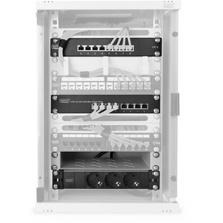 DIGITUS 10-Zoll Set - Netzwerk-Schrank 9HE Grau - Fachboden - Steckdosenleiste - 8-Port Patch-Panel - 8-Port Gigabit-Switch