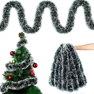 YINZZTRY Weihnachtsbaum Lametta Girlande, 10M Girlande Weihnachten, Glänzend Lametta Girlande, Weihnachtsdeko Girlande Tannengrün, für Türen Kamine Treppengeländer, Grün