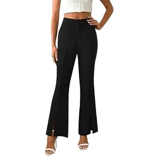 KIJSKKOPO Damen Schlaghose Mit Hohem Bund Und Schlitz Vorne, Beige, Knopfverschluss, Fließende Cropped Hose Mit Taschen, Lässig, für Alltag, Arbeit, Yoga, Schmal Geschnitten, Elegant, Schlaghose, - M