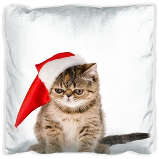 Wallario Dekokissen Ich hasse Weihnachten - mürrische Katze mit Weihnachtsmütze, handgenäht braun 60 cm x 60 cm