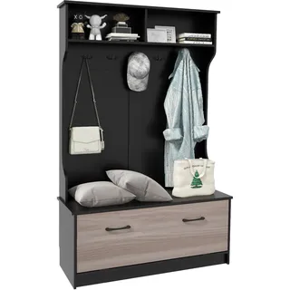 GOPLUS Garderobenständer mit Sitzfläche, Kleiderständer mit Ablage, 5 Haken, Garderobenschrank, Flurgarderobe Kompaktgarderobe für Eingang, Schlafzimmer, 100 x 40 x 160cm (Schwarz)