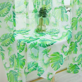 Delien Voile Sheer Vorhänge mit Blätter Druck transparent Gardine mit Kräuselband Fensterschal für Wohnzimmer Schlafzimmer (2 Stück, je HxB 245x140cm), grün