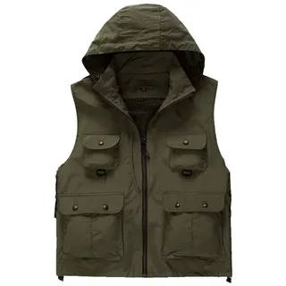 Daoba Herren Schnell Trocknend Outdoor Weste mit Kapuze Multifunktionsweste mit Vielen Taschen Angel-Westen für Jagd Camping Fotografie Wasserdicht