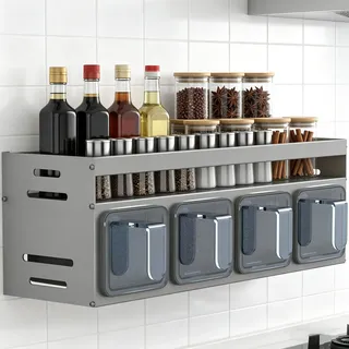 WoRaum Gewürzregal Hängend Wand – Doppelstöckiges Gewürzregal für Schranktür & Wand, 32,5x10,7x12,3cm, inkl. Montagematerial (Carbonstahl, Pistolengrau,4 Fächer)