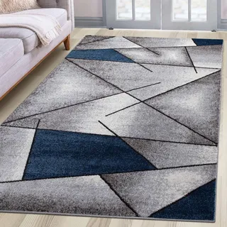 oKu-Tex Teppich Wohnzimmerteppich [60x110 cm] weicher Kurzflor grau blau - Blauer Teppich für das Wohnzimmer - Carpet Living Room - Modernes geometrisches Design - Deutsche Marke
