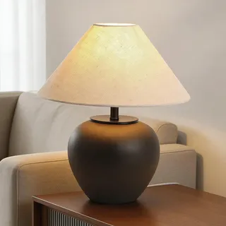 HvKvHvY Rustikale Schwarze Tischlampe, Moderne Bauernhaus-Tischlampe, Handgefertigte Vintage-Keramik-Schreibtischlampe Mit Leinenschirm, Nachttischlampe FüR Wohnzimmer, Schlafzimmer, BüRo (Schwarz)