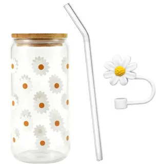 Rundago 1 Stück Ästhetisches Trinkglas mit Strohhalm und Deckel, Glasbecher 500ml für Smoothies, Eiskaffee & Getränke – Eleganter Gänseblümchen Blumenbecher