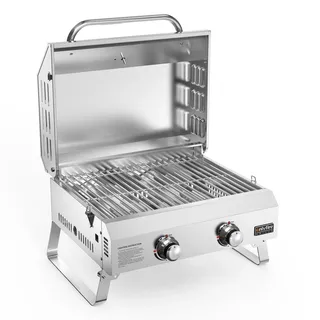onlyfire Tischgasgrill 2 Edelstahlbrennern, Tischgrill mit Deckel, Grillrost, Thermometer, Kleiner Gasgrill für Balkon Camping Garten, 4.7 kW, Grillfläche 46x35cm, BBQ Tragbarer Tisch Gasgrill