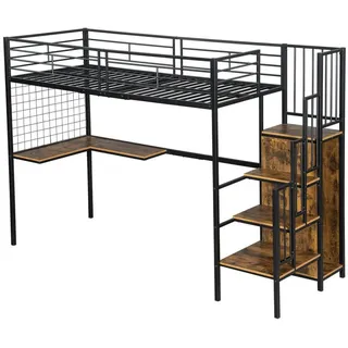 SOFTWEARY Hochbett Schreibtisch und Lattenrost, 90x200 cm Metallbett, Jugendbett schwarz