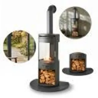 OKO S7 Panorama Bioethanol Kamin mit Holzfach, hoher Design-Rauchrohr und Granitbasis 159,5 × 80 × 57,4 cm - Schwarz