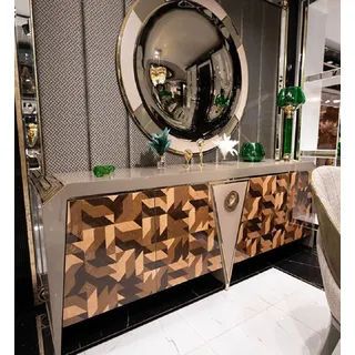 Casa Padrino Luxus Möbel Set Grau / Braun / Gold - 1 Luxus Sideboard mit 4 Türen & 1 Runder Luxus Spiegel - Luxus Möbel - Luxus Kollektion