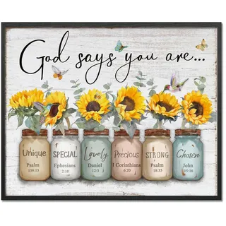 Inspirierender Bibelvers Wandkunst: "God Says You Are Wandspruch", Sonnenblume im Einmachglas, Bilddruck, christliches Geschenk, Zitate, Poster für Frauen, Mädchen, Schlafzimmer, Dekoration, 61 x 76,2