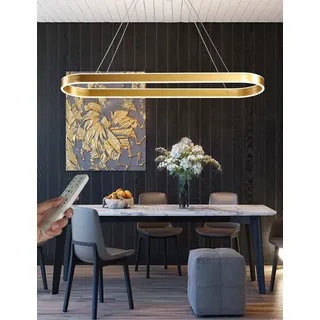 WJYCYN Dimmbar Oval LED-Kronleuchter Pendelleuchte moderner Esstisch Büro mit den Fernbedienung ring Hängelampe höhenverstellbar Blendfreesszimmer Arbeitszimmer Küche leuchte (Gold, L80cm 68W)