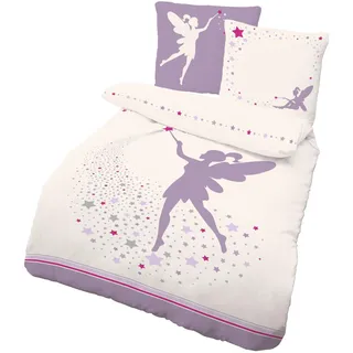 LINKHOFF Bettwäsche 135x200 Kinder Mädchen - Fee Bettwäsche Sterne Flieder - Feen Kinderbettwäsche 135x200 Weiß Violett - Bettbezug aus 100% Baumwolle