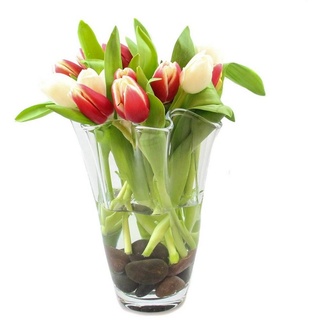 Glaskönig Tischvase Blumenvase aus Glas - Moderne Glasvase in Wellenform als Tulpenvase (mundgeblasen, Höhe 23cm Ø ca.15cm), Ideal für Tulpen, Blumensträuße und einzelne Blumen weiß