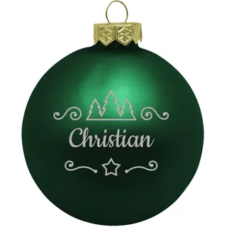 Deitert Weihnachtskugel mit Namen oder Wunschtext graviert, Ø 8cm, personalisierte Christbaumkugel aus Glas (matt), individueller Weihnachtsbaumschmuck mit Gravur, Tannen-Motiv, Grün
