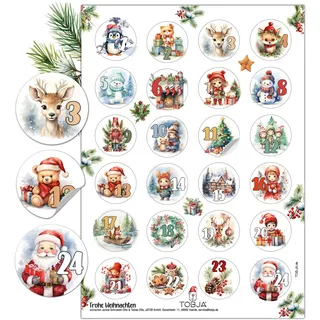 TOBJA Adventskalender Zahlen Aufkleber - 24 Sticker Zahlenaufkleber 1-24 Weihnachten | Niedliche Adventsaufkleber für besondere Momente | Adventkalender Sticker (bunt)