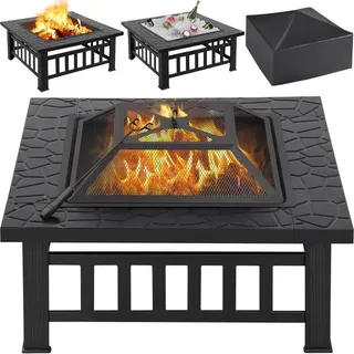 Yaheetech 32 Zoll Außen-Quadrat-Feuerschale Metall-Gartenofen Feuerschale für Grillen, Heizen, Getränkekühlung mit Abdeckung & Schürhaken Schwarz