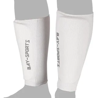 BAY-Sports Schienbeinschutz Kampfsport Kickboxen Karate MMA Thaiboxen Muay Thai Baumwolle IUM, Baumwolle elastisch waschmaschinenfest, XXS - XL weiß S