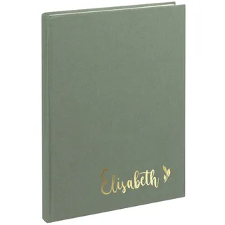 AWASG Notizbuch A5 – Personalisiert mit Name – Notizheft 200 Seiten dotted – Leinencover Grammatur 100g/m2 - Blumendesign (olive)