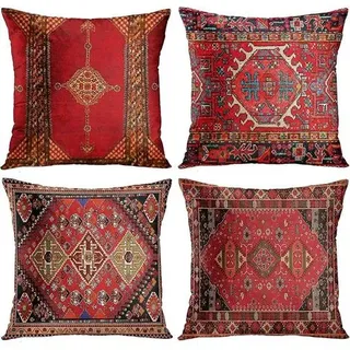 Dww 4-teiliges Set – Vintage-teppich Im Persischen/türkischen Stil Mit Rotem Blumenmuster, Leinenkissenbezug, Heimkissen, Kissenbezug, Geometrisches Persisches Kelim-muster, Wohnaccessoires, 4-teilig