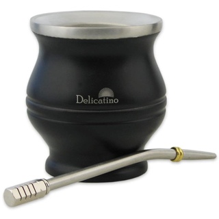 DELICATINO Mate KIT EDELSTAHL schwarz (Mate Becher SCHWARZ + Bombilla HEXAGONAL 17cm)