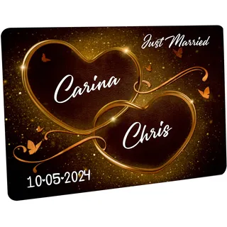 Crealuxe Fussmatte 'Just Married mit Wunschnamen, Datum (2 Funkelnde Herzen). - Geschenk zur Hochzeit, Bedruckte Türmatte Innenmatte Schmutzmatte lustige Motivfussmatte