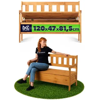 KADAX Gartenbank, 120x49x81,5cm Banktruhe aus Einer Holzfaserplatte, Sitzbank mit Stauraum und Rücklehne, Wetterfeste Holzbank für Garten, Balkon (120cm/Braun)