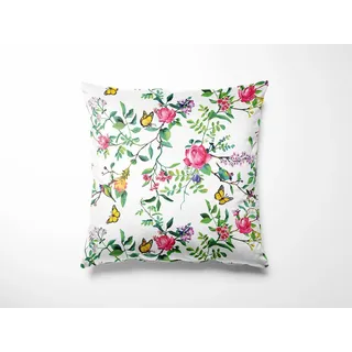 Mako Satin Blumen Bettwäsche mit Vögeln und Schmetterlingen weiß 40x80 100% Baumwolle