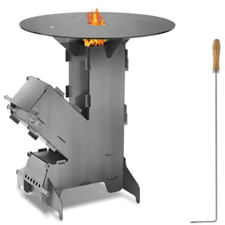 Hengda Raketenofen Raketenofen mit Feuerstellen-Poker Feuerplatte 50cm für Camping Dutch Oven Campingkocher Rocket Stove Grillen Hobo Holzofen