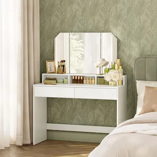 VASAGLE RDT115W01 Schminktisch mit Klappspiegel und 2 Schubladen, 3 offene Fächer, für Make-up, modern, Wolkenweiß